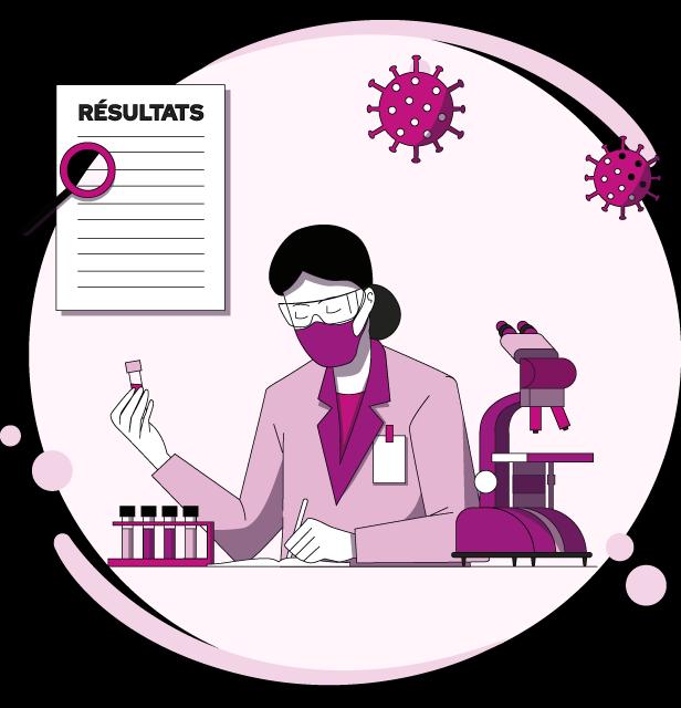scientifique analysant des échantillons avec microscope et résultats affichés